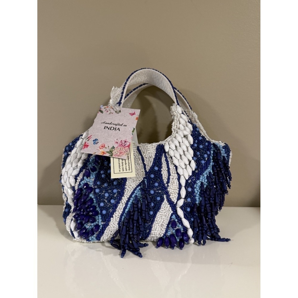 New Release Viral Handcrafted In India Blue White Beaded Small Bag NWT